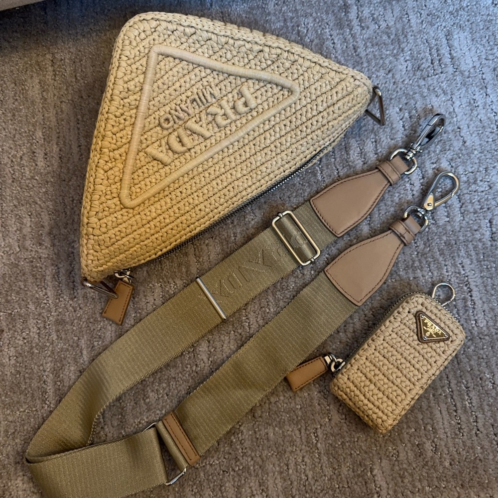 Prada Tan Crochet Triangle Bag with Strap and Pouch